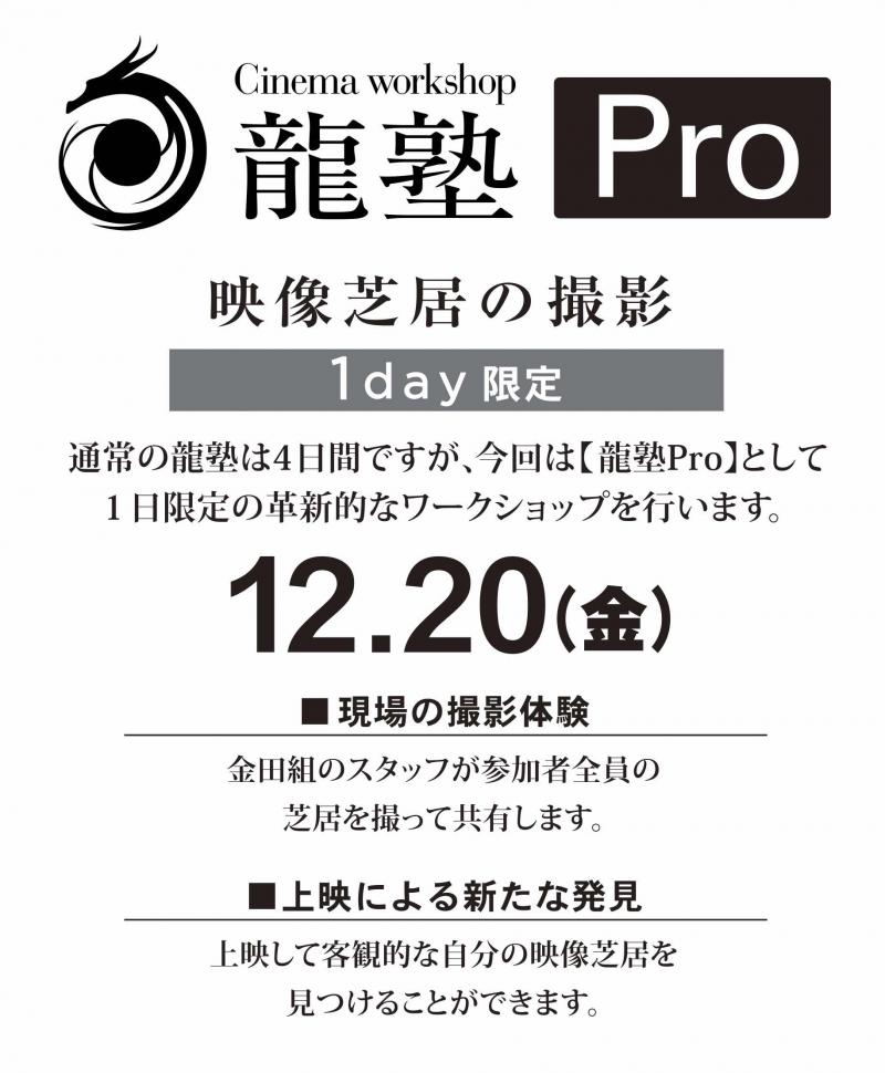 【19年12月13日(金)締切!】龍塾Pro 1day 撮影&上映あり ワークショップ 受講生募集のお知らせ 