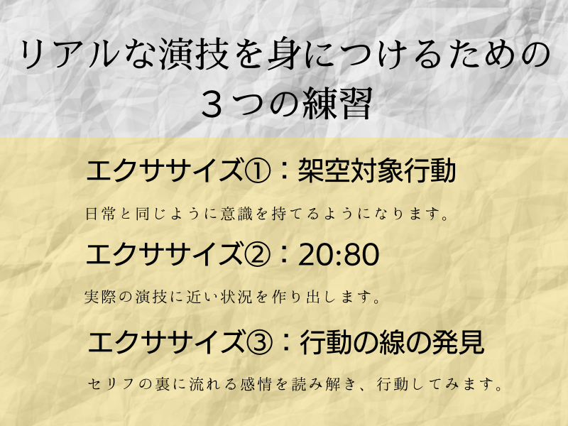 【オンライン】リアルな演技を身につけるための３つの練習【みっちり】