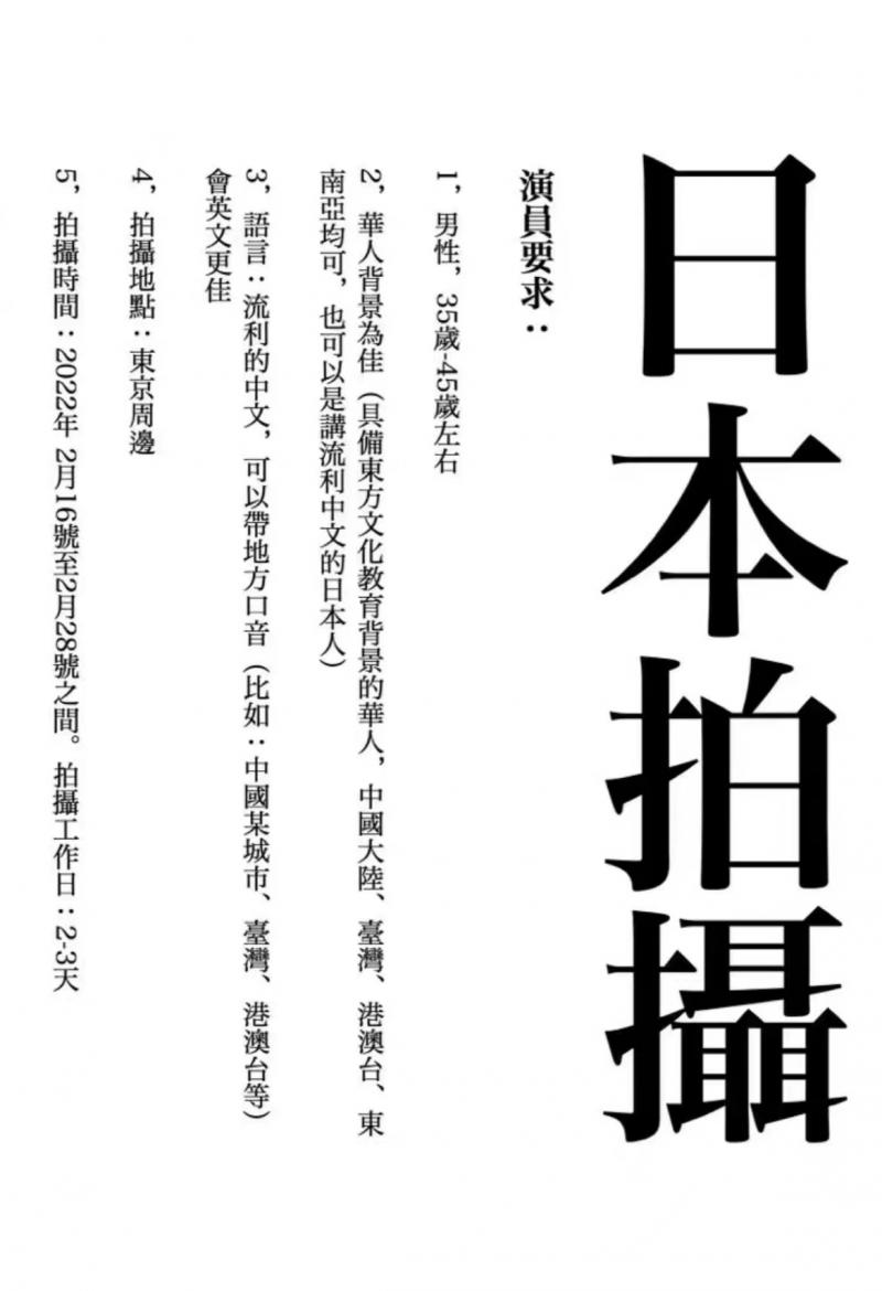 中国語流暢★名作「僕はチャイナタウンの名探偵」を撮ってきたカメラマンの映画館上映作品でキャスト募集