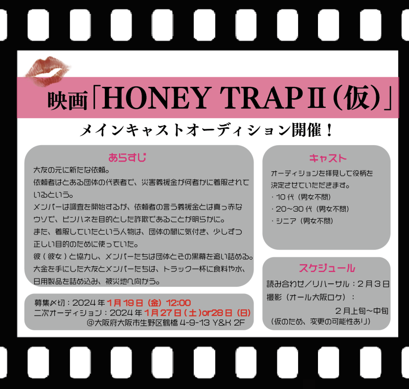 映画「HONEY TRAP II（仮）」メインキャストオーディション開催！
