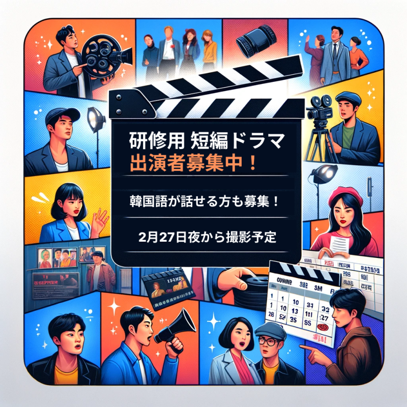 【韓国語が話せる方募集】短編ドラマへの出演者募集中！2月27日夜から撮影！
