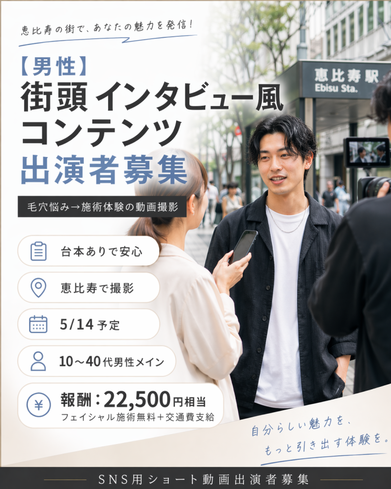 【男性】縦型ショート動画・街頭インタビュー風コンテンツ出演者募集！