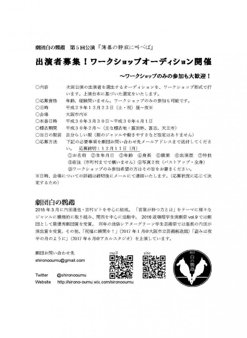 劇団白の鸚鵡 次回公演「薄暮の静寂に叫べば」出演者オーディションを兼ねた演劇ワークショップ開催！12/23大阪市内 サブ画像