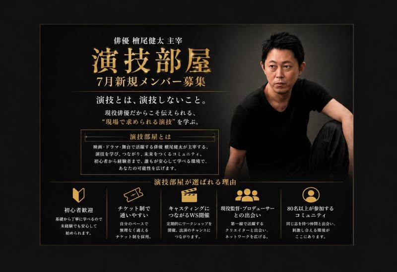 業界から大絶賛！実際に参加しているメンバーの声を多数掲載！7月31日までのお申し込みで大幅割引！キャスティングに繋がるワークショップも多数開催！新しい時代の演技レッスン【演技部屋】 7月度新規メンバー大募集！ サブ画像