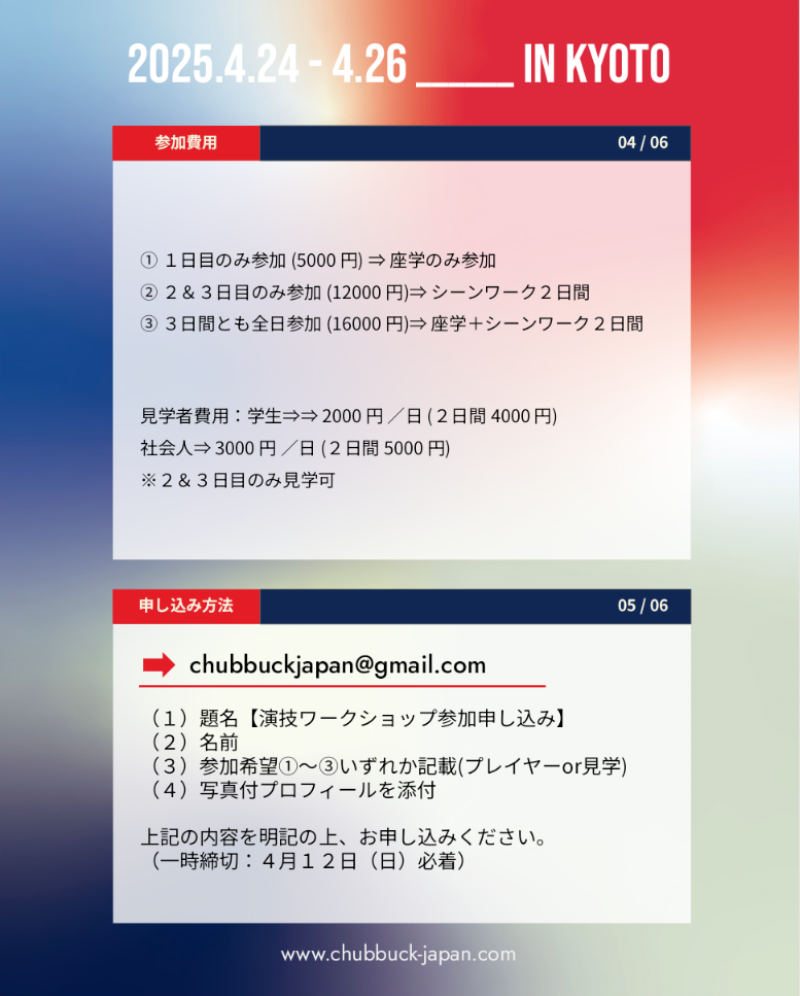 ★☆ 世界中の現場で実績豊富な演技テクニック ★ Chubbuck Japan 演技Workshop @京都 ☆★2026.4.24-26 サブ画像